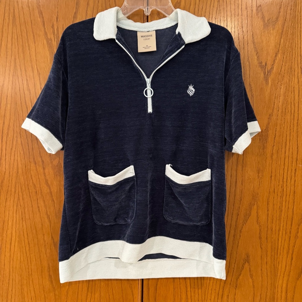 Massive Luxury Terry Chenille 1/4 Zip Short Sleeve Navy Pockets Retro Lion Logo
